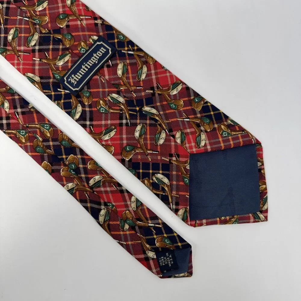 VTG Huntington Necktie‎ 100% Silk Golf Club Red Blue Plaid USA Made 3.75